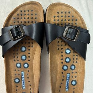 Sanosan Malaga Single Strap Black Leather Sandals Made In Spain Cork Suede Lined